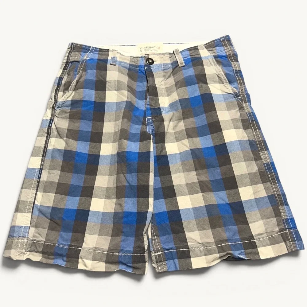American Eagle Plaid Shorts Blue Grey Mens 33 Longer Length Flat Front Casual